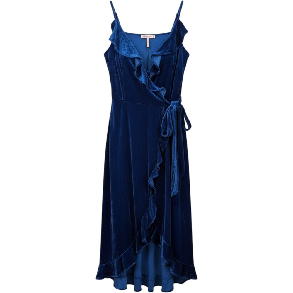 BCBGeneration Ruffle Trim Velvet Wrap Dress Blue Limoges Size L NWT